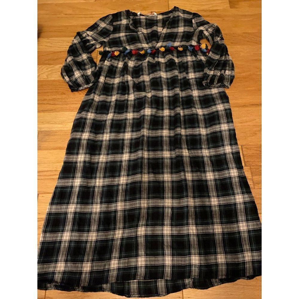 Zara, women's black plaid midi v-neck dress with multicolored tassels size med